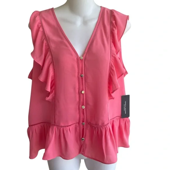 Tommy Hilfiger Peach Blouse Top Ruffles Button Down Peplum V-Neck Ladies L NWT - Picture 2 of 4